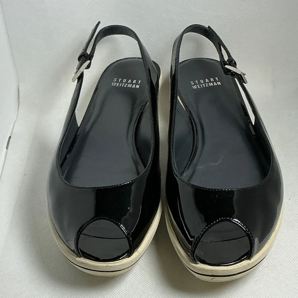 Stuart Weitzman Black Patent Platform Wedge Slingback Sandals Size 9 - Picture 8 of 15